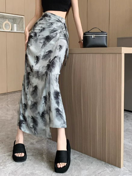 Marble Print Drawstring Slit Midi Skirt