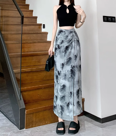 Marble Print Drawstring Slit Midi Skirt