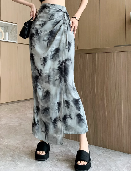 Marble Print Drawstring Slit Midi Skirt