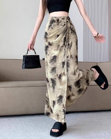 Marble Print Drawstring Slit Midi Skirt
