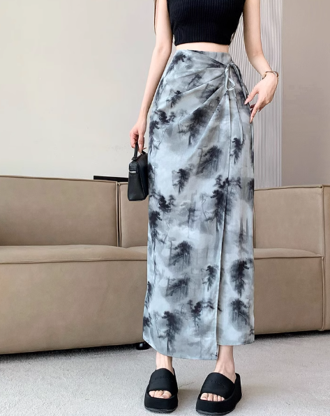 Marble Print Drawstring Slit Midi Skirt