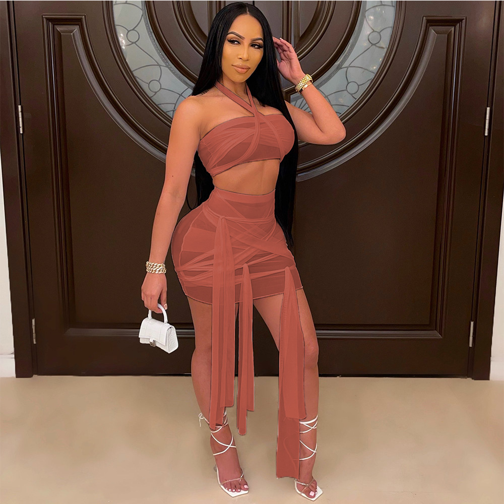 Knot Tie Halter Mesh Tank Top And Mini Skirt Set