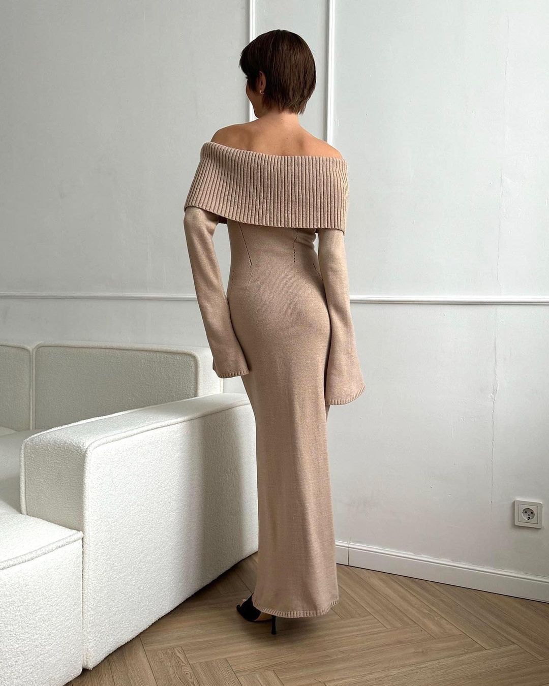 Off Shoulder Long Sleeve Knit Midi Dress