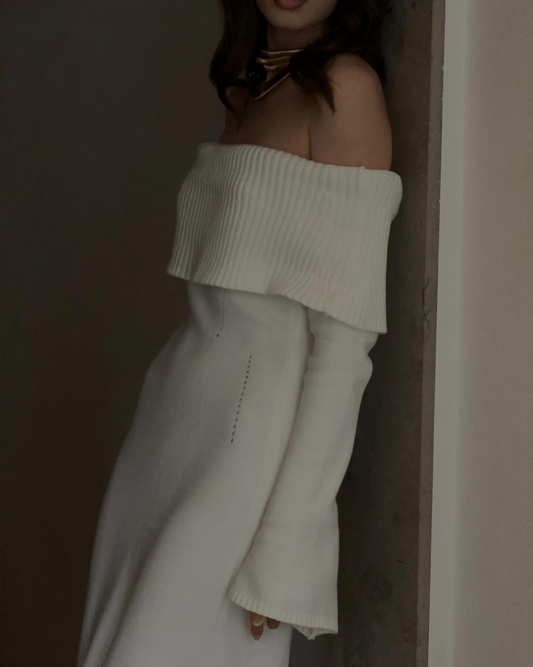 Off Shoulder Long Sleeve Knit Midi Dress