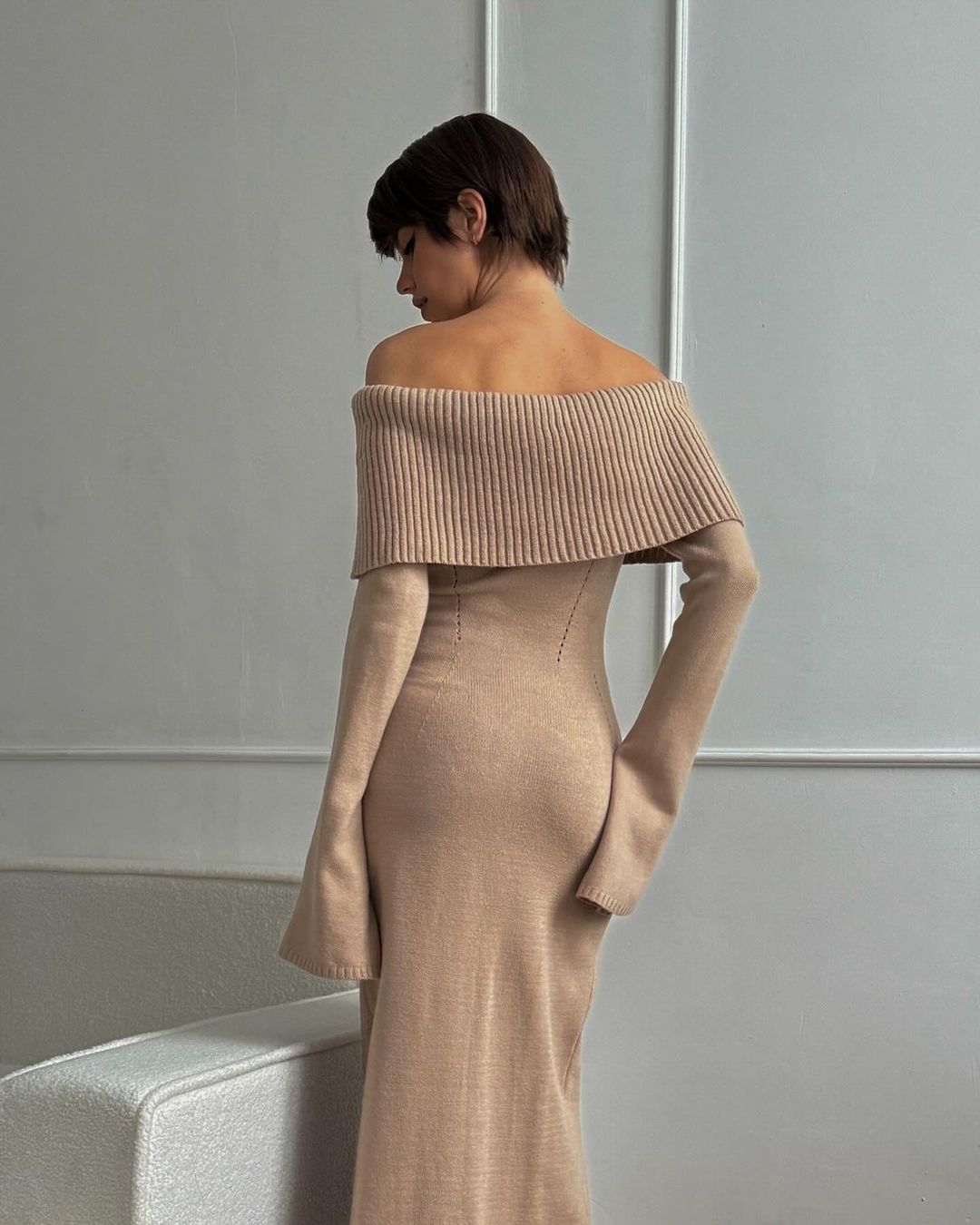 Off Shoulder Long Sleeve Knit Midi Dress