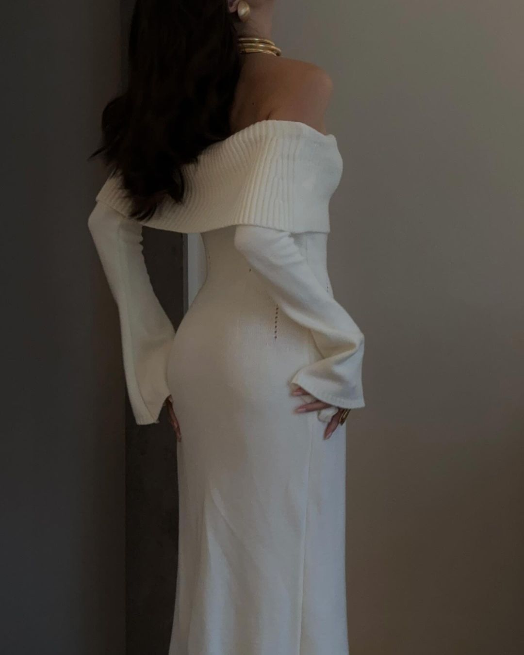 Off Shoulder Long Sleeve Knit Midi Dress