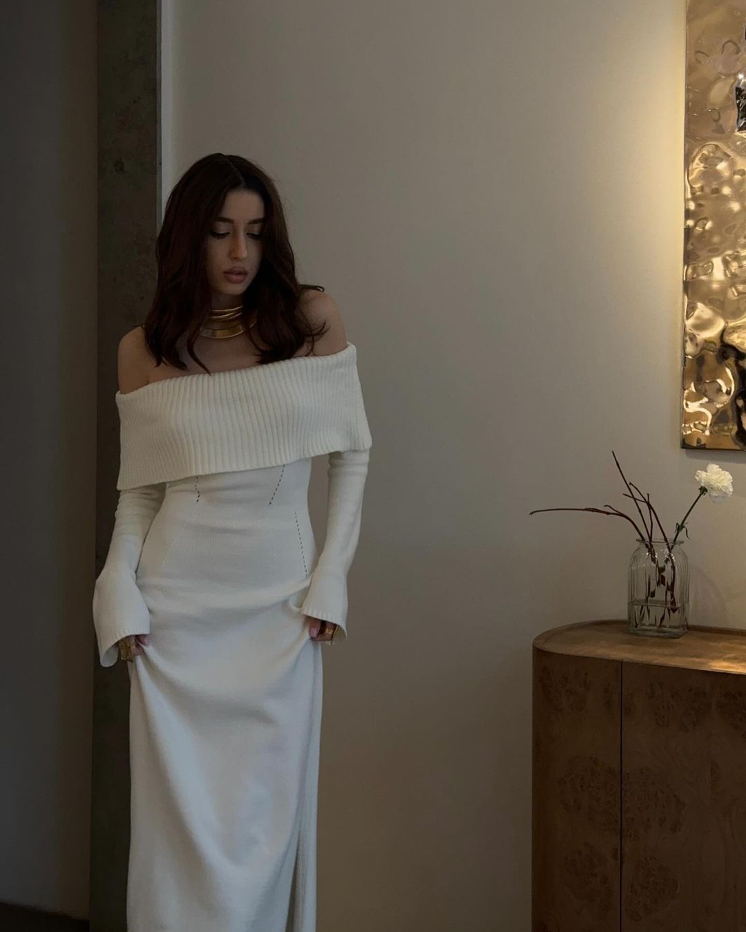 Off Shoulder Long Sleeve Knit Midi Dress