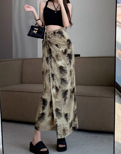 Marble Print Drawstring Slit Midi Skirt