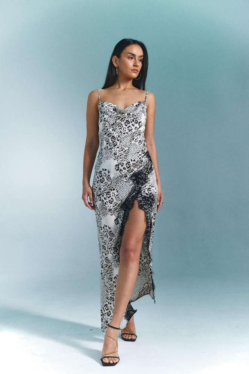 Cotton Leopard Print Split Midi Dress