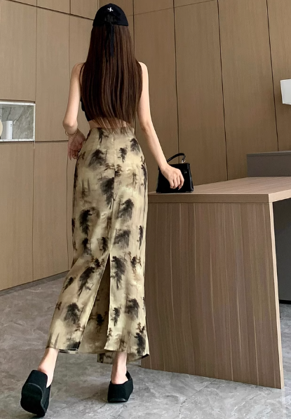 Marble Print Drawstring Slit Midi Skirt