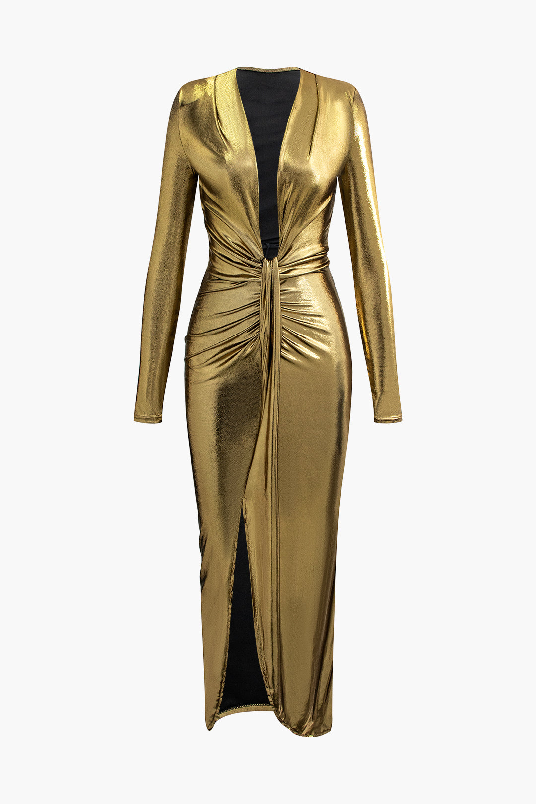 Metallic V-neck Ruched Slit Wrap Maxi Dress  Lebdu