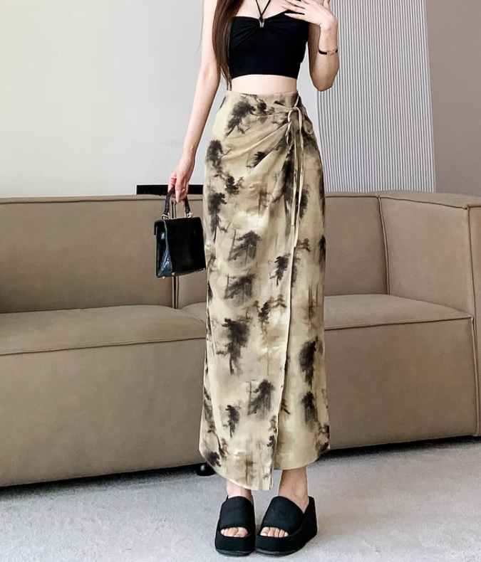 Marble Print Drawstring Slit Midi Skirt