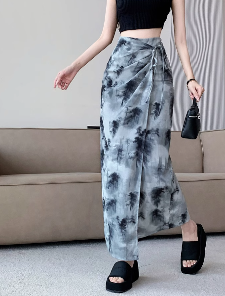 Marble Print Drawstring Slit Midi Skirt