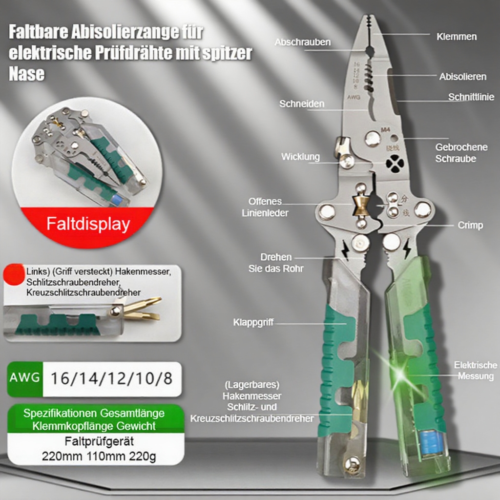 🔧 Alles in einem! Ein vielseitiges Werkzeug für jede Situation. Schraubendreher, Abisolierzange, Spannungsprüfer - alles kompakt in Ihrer Tasche.