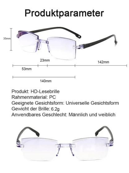 ⭐ Gleitsicht Lesebrille ⭐Blaulichtfilter ⭐ Ultraleicht 6.2g ⭐ HD Sicht ohne Rahmen⭐ Smarte Autofokus Gleitsichtbrille aus Titan mit Blaulichtfilter selbsttönend und extrem leicht
