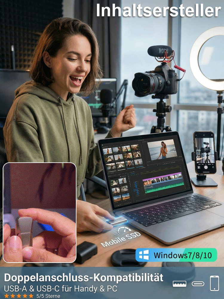 ⭐ Mobiler Dual SSD Speicherstick | Schnelle 550MBs | IPX4 Wasserdicht | AES 256-Bit Schutz | 10 Jahre Garantie ⭐