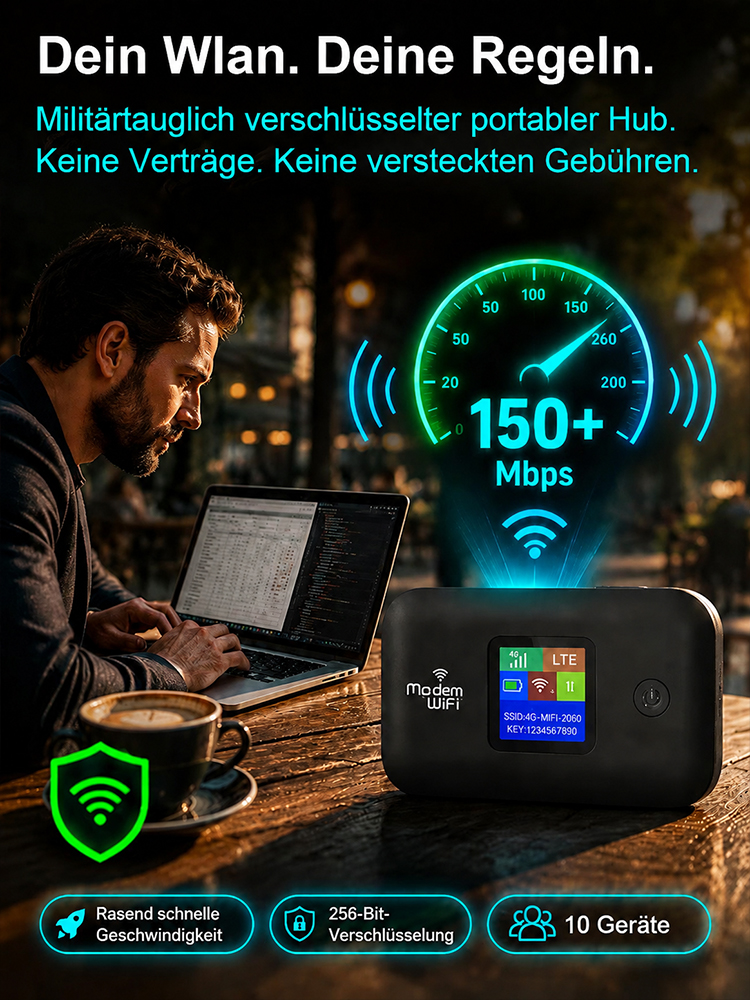 ⭐ Tragbares WLAN | Ohne SIM-Karte | Lebenslang gratis | 500 Mbps Highspeed | 100% Sicher ⭐