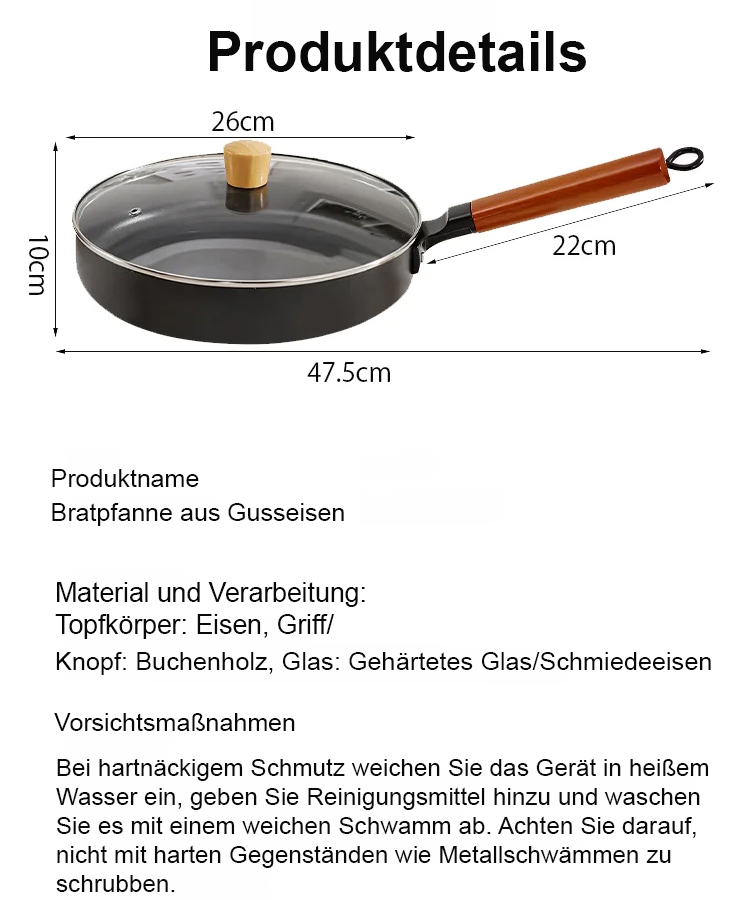 99,9 % hochreines Eisen, handgeschmiedet, 0-Beschichtungsdesign, TÜV-Sicherheitszertifizierung, 10 Jahre Garantie
