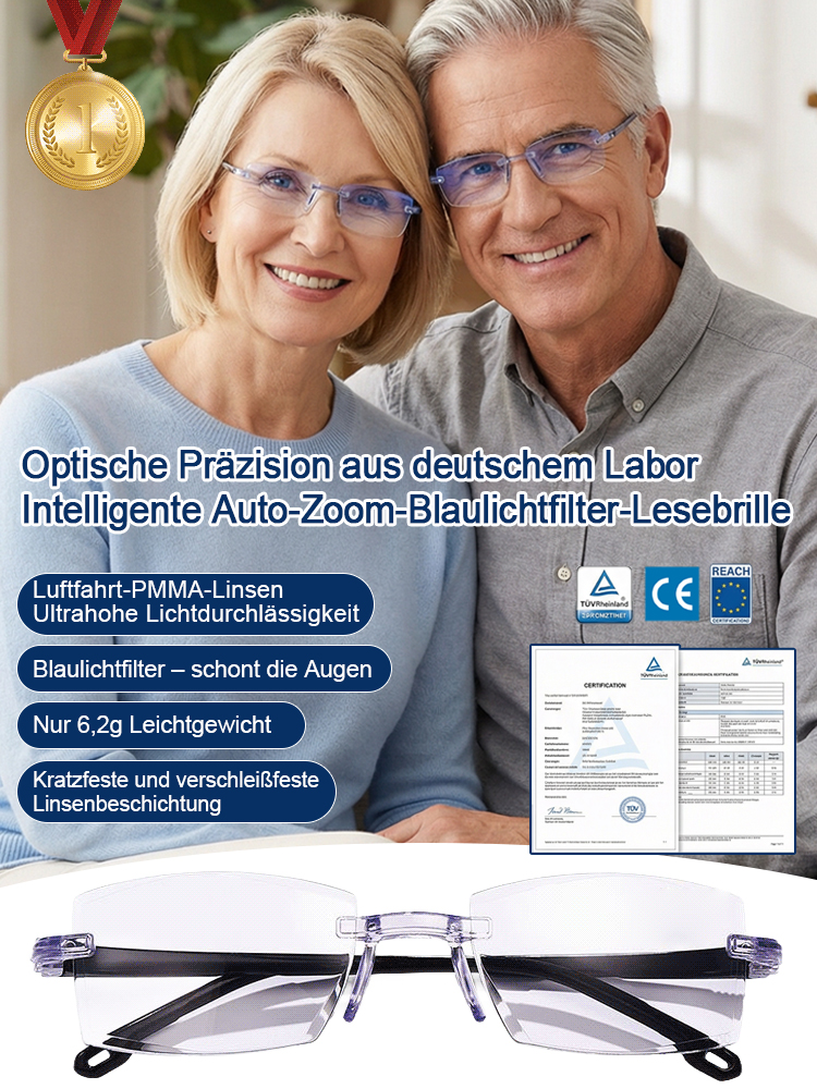 ⭐ Gleitsicht Lesebrille ⭐Blaulichtfilter ⭐ Ultraleicht 6.2g ⭐ HD Sicht ohne Rahmen⭐ Smarte Autofokus Gleitsichtbrille aus Titan mit Blaulichtfilter selbsttönend und extrem leicht