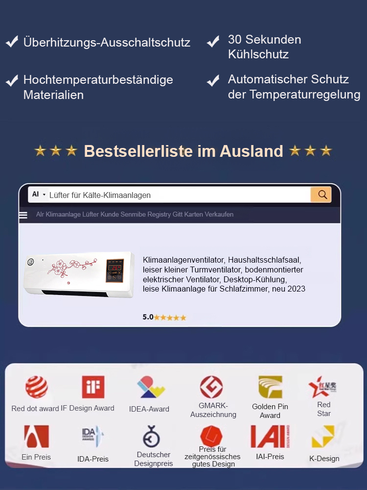 Energiesparender Klima-Lüfter, kein manueller Einbau, für Heizen und Kühlen.