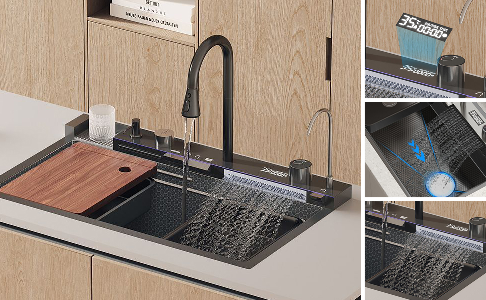 M&uacute;ltiples m&eacute;todos de salida de agua y visualizaci&oacute;n digital de la temperatura del agua.