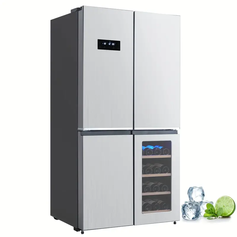 Refrigerador de puerta francesa Adoolla de 21 pies cúbicos, congelador inferior con gabinete para vinos, estantes de vidrio ajustables, refrigerador de cocina de 4 puertas en acero inoxidable, plateado detalles 0