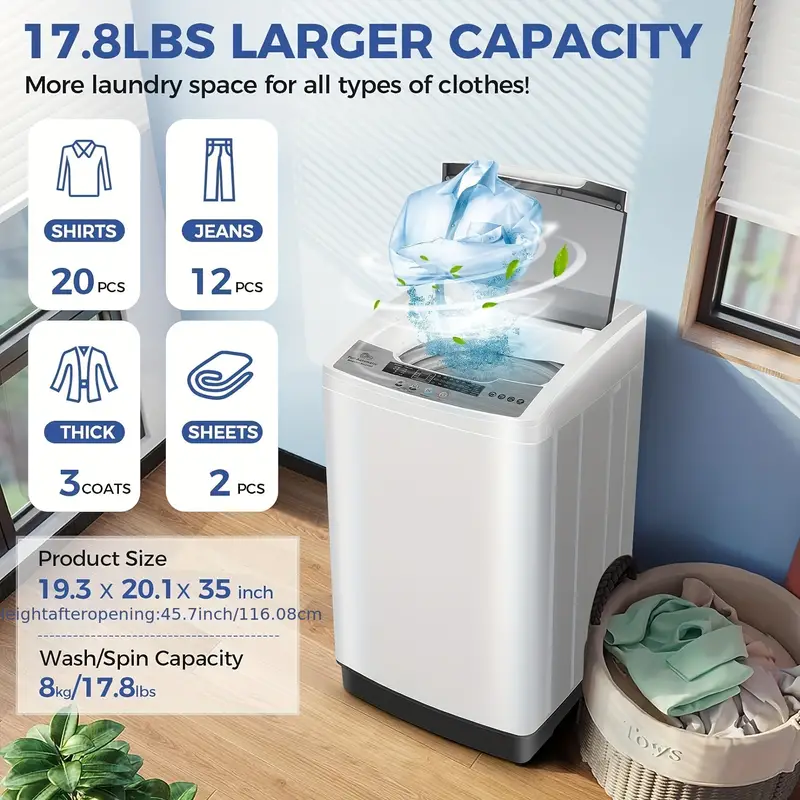 Lavadora Portátil, Capacidad de 13.5  /17.8  , Lavadora y Secadora Portátil de 1.8/2.4 pies cúbicos con bomba de drenaje, 10 programas y 8 niveles de agua para   y apartamentos,   Transparente y Pantalla LED detalles 1