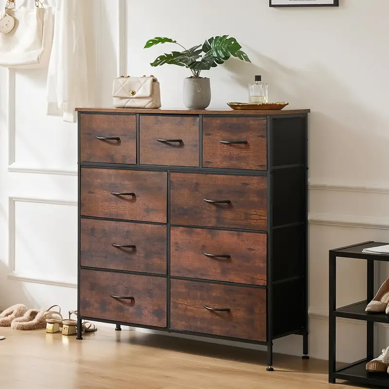 Dormitorio Cómoda, Cómoda y Cajonera Cómoda Organizador con 9 Cajones de Almacenamiento de Tela    , Cómoda de Dormitorio con   de Madera, Marco Engrosado, Para Armarios, Habitaciones, Pasillos detalles 3