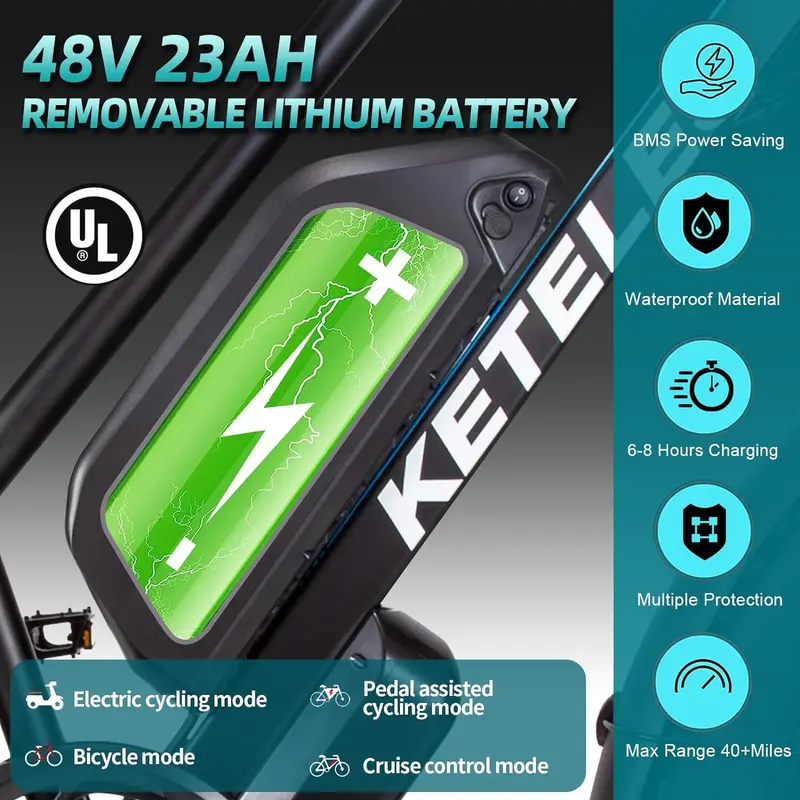 Bicicleta el&eacute;ctrica de monta&ntilde;a   48V 23ah 1104WH Bater&iacute;a   Motor Bicicleta el&eacute;ctrica de neum&aacute;ticos gruesos -   suspensi&oacute;n completa AWD E-Bike para adultos - Bater&iacute;a removible y rendimiento   detalles 3