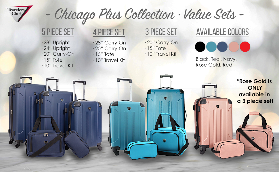 Chicago plus collection, 3 piece, 4 piece, 5 piece, value sets, 5 colors, lightweight, expandable