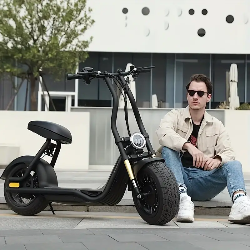 Ciclomotores para adultos, ciclomotor, , scooter eléctrico de neumáticos gruesos, scooter eléctrico de alta . Ciclomotor eléctrico para adultos, scooter eléctrico para adultos con asiento, batería de litio de 12 Ah, neumáticos llenos de aire de 10, frenos: disco delantero y trasero detalles 0