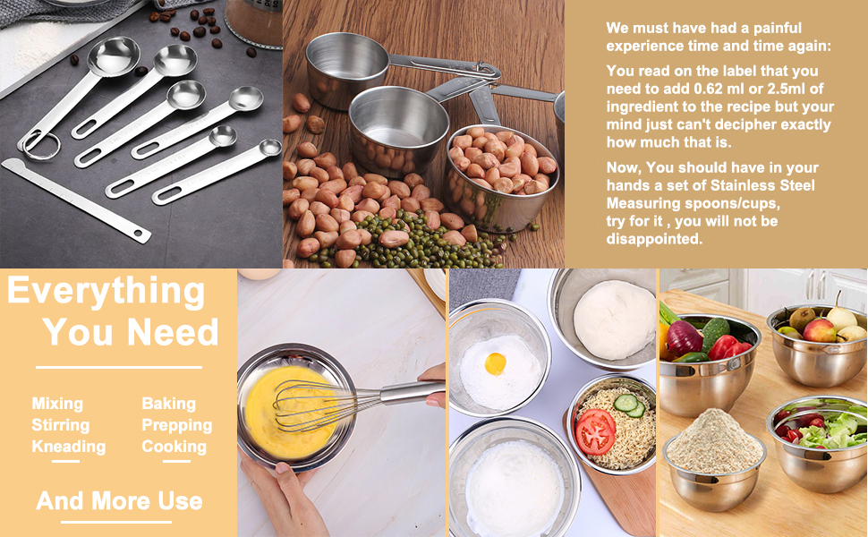 Juego de tazas y cucharas medidoras de metal, cuencos de cocina, cuencos de cocina, ensaladeras, cuencos para hornear