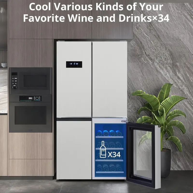 Refrigerador de puerta francesa Adoolla de 21 pies cúbicos, congelador inferior con gabinete para vinos, estantes de vidrio ajustables, refrigerador de cocina de 4 puertas en acero inoxidable, plateado detalles 3