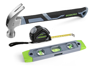 martillo, cinta métrica, nivel de torpedo