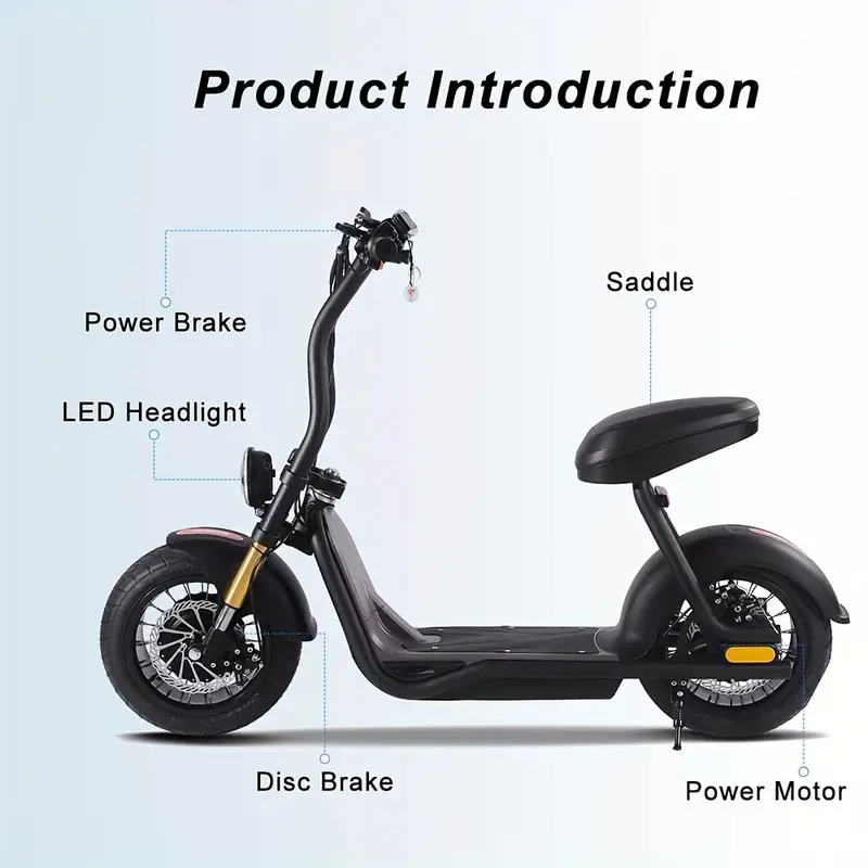 Ciclomotores para adultos, ciclomotor, , scooter eléctrico de neumáticos gruesos, scooter eléctrico de alta . Ciclomotor eléctrico para adultos, scooter eléctrico para adultos con asiento, batería de litio de 12 Ah, neumáticos llenos de aire de 10, frenos: disco delantero y trasero detalles 1