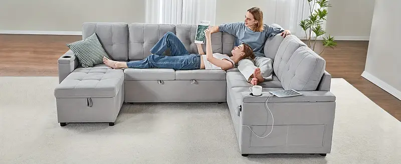 84 inch pull out couch tufted sofa bed with 2 usb cup holders l shape sleeper sofa with storage chaise light grey details 0