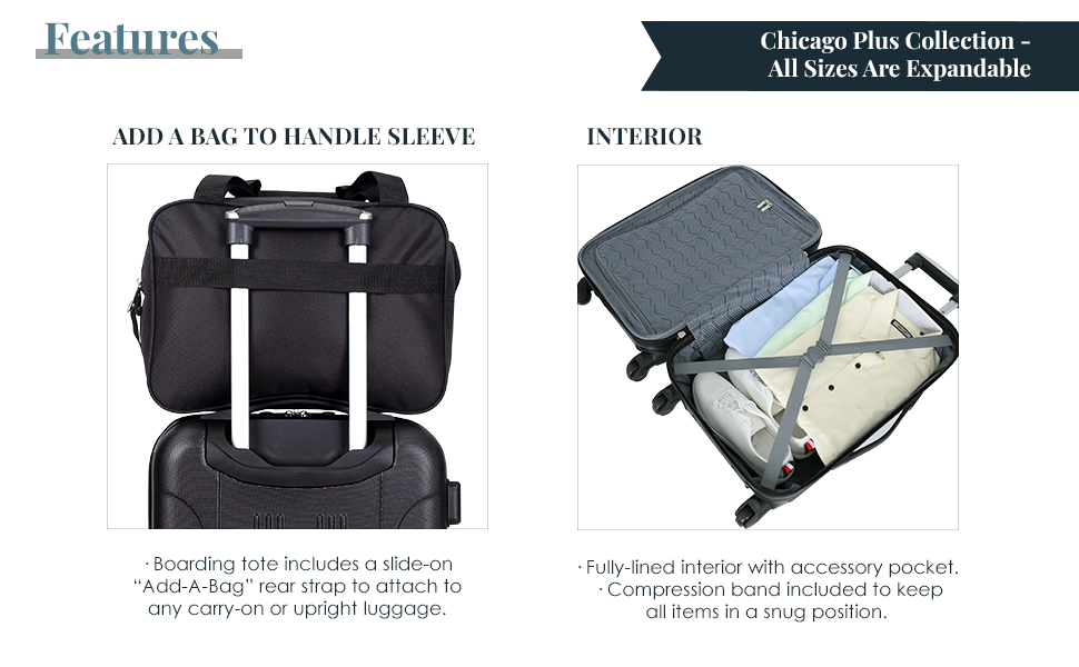 Chicago plus collection, 3 piece, 4 piece, 5 piece, value sets, 5 colors, lightweight, expandable