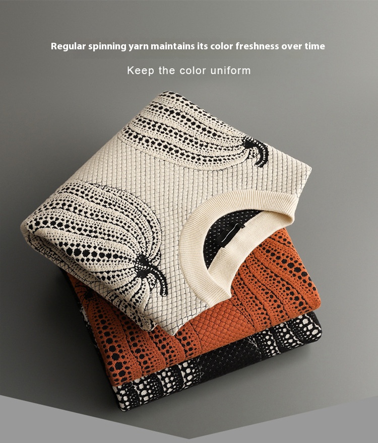 "Men's wool sweater with a 3D pumpkin knit pattern."