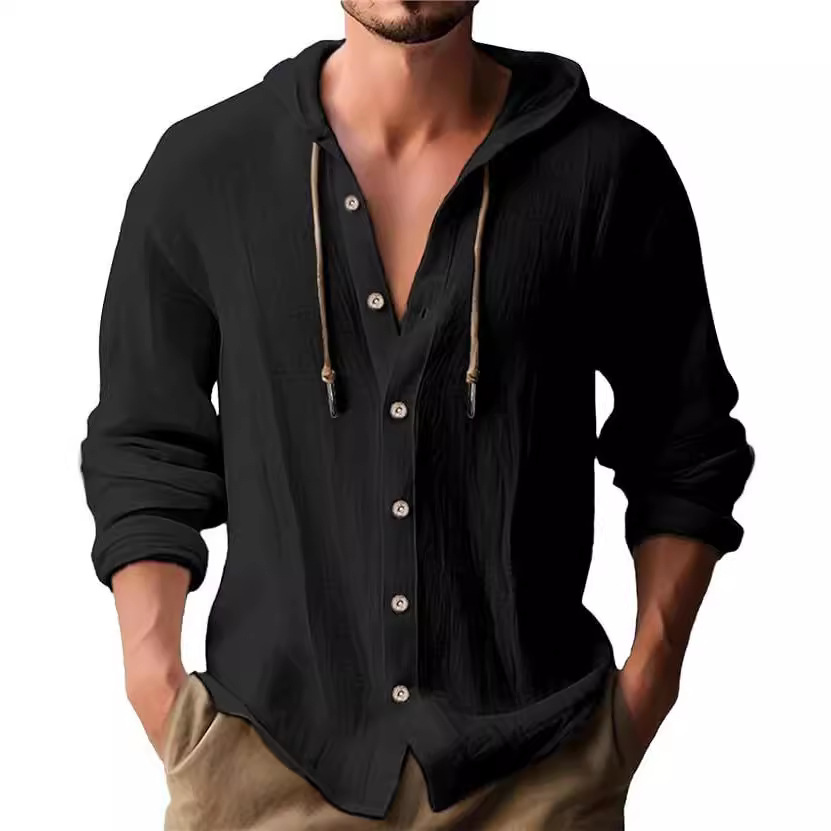 Men's Solid Color Cotton-Linen Hooded T-Shirt
