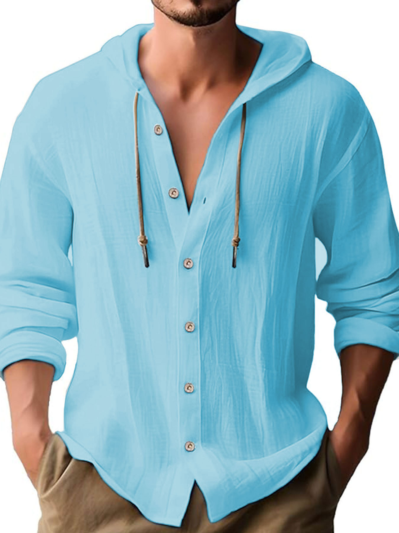Men's Solid Color Cotton-Linen Hooded T-Shirt