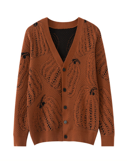 "Men's wool sweater with a 3D pumpkin knit pattern."