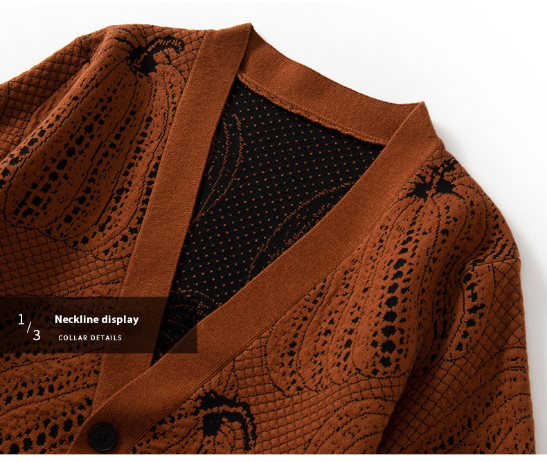"Men's wool sweater with a 3D pumpkin knit pattern."