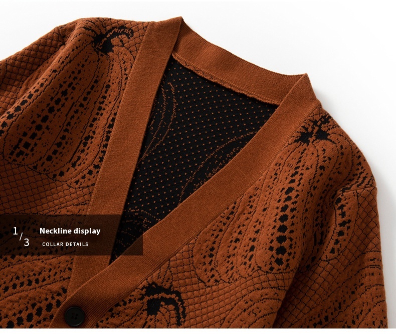 "Men's wool sweater with a 3D pumpkin knit pattern."