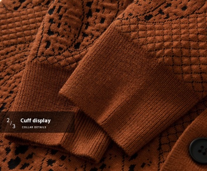 "Men's wool sweater with a 3D pumpkin knit pattern."