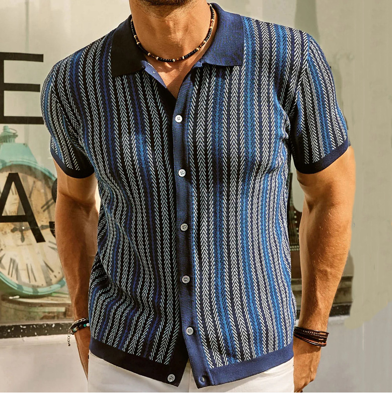  Men's striped jacquard business polo shirt
