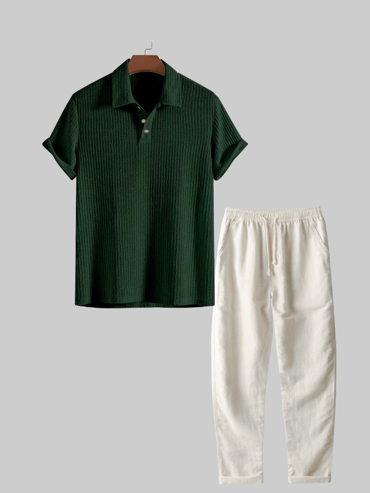 Two Pieces Outfits  Linen Rayon Blend Button Up Shirt & Straight Leg Linen Pants