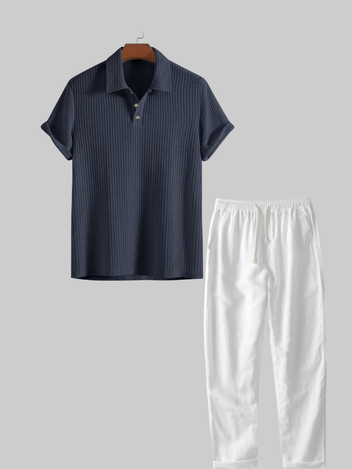 Two Pieces Outfits  Linen Rayon Blend Button Up Shirt & Straight Leg Linen Pants