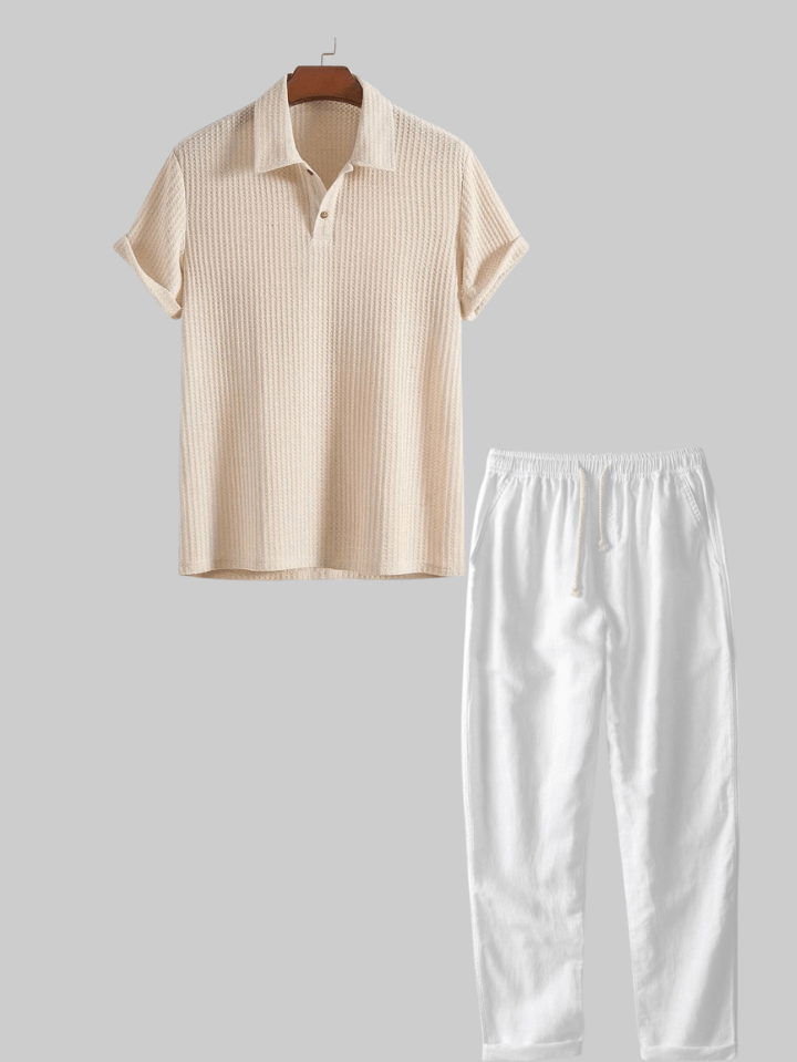 Two Pieces Outfits  Linen Rayon Blend Button Up Shirt & Straight Leg Linen Pants