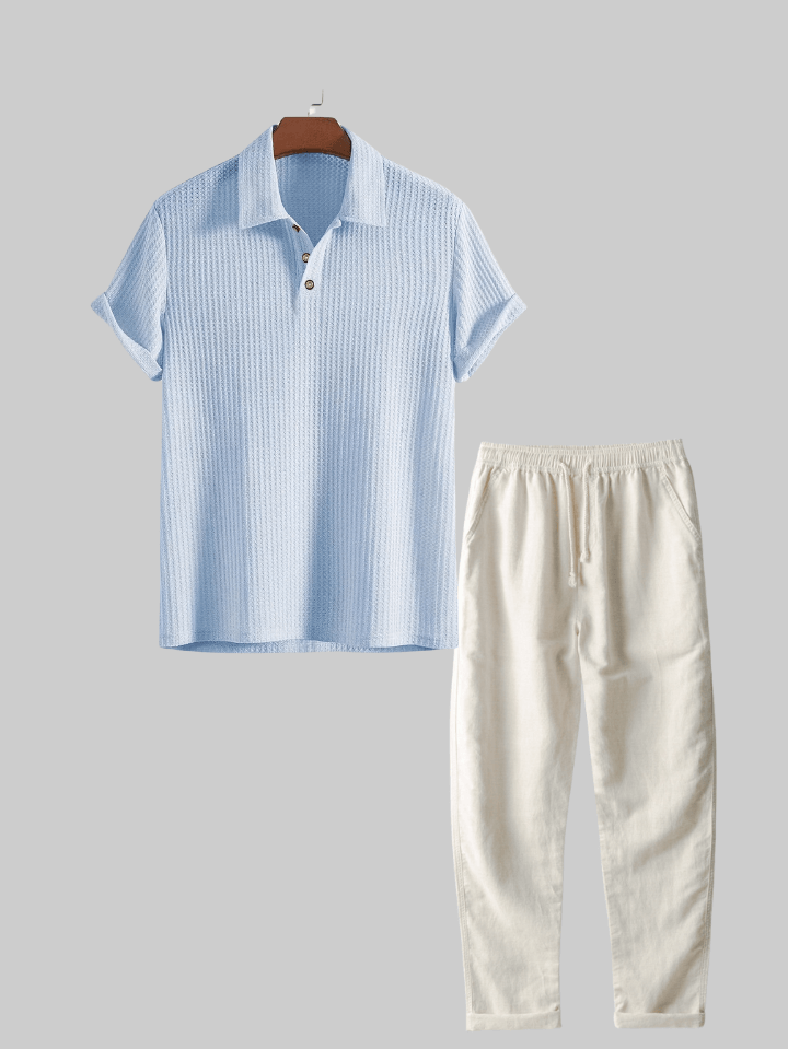 Two Pieces Outfits  Linen Rayon Blend Button Up Shirt & Straight Leg Linen Pants