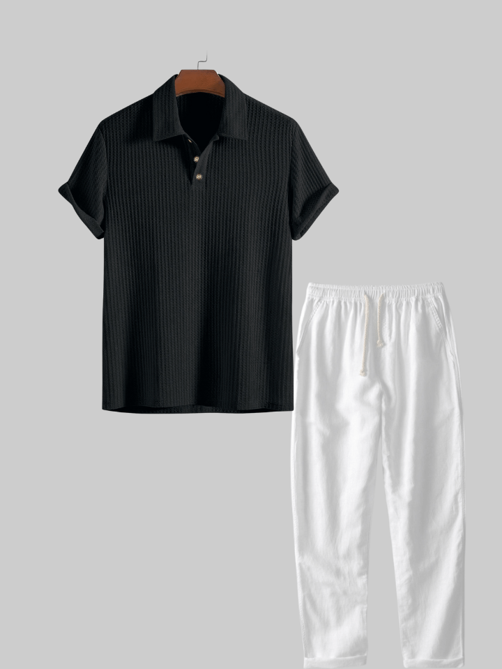 Two Pieces Outfits  Linen Rayon Blend Button Up Shirt & Straight Leg Linen Pants